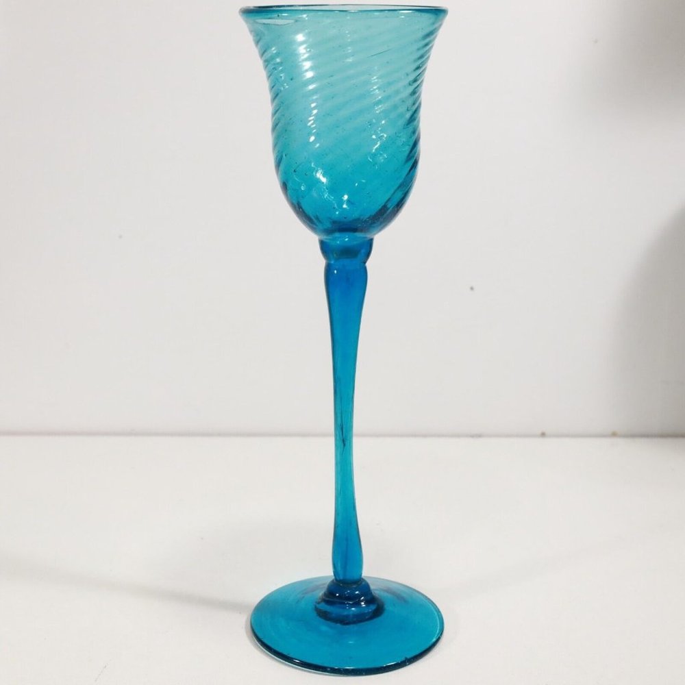 1950s Mexican Avalos Teal Blue Bubble Glass Stemware Goblet 12.5" Tall RARE!
